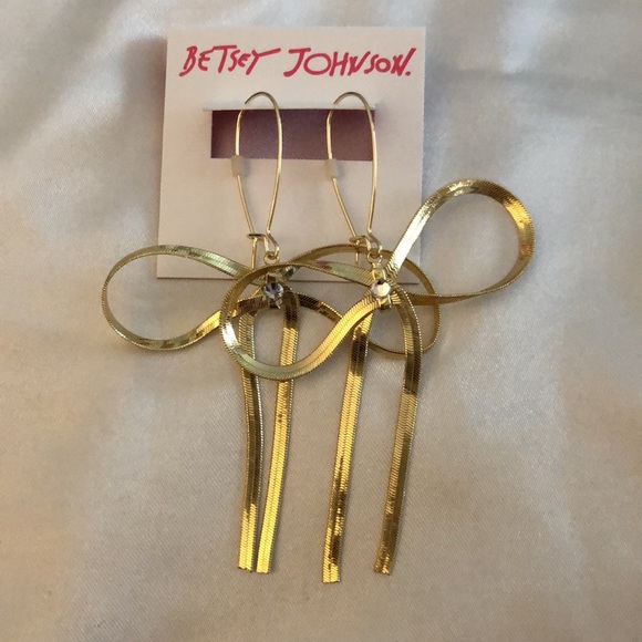 Betsey Johnson Gold Tone Statement Bow Drop Earrings Crystal Accent NWT - Picture 6 of 11